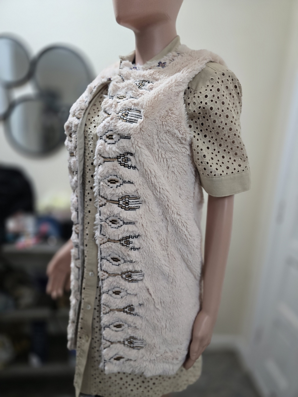 Flying Tomato Blush Pink Faux Fur Embroidered Vest